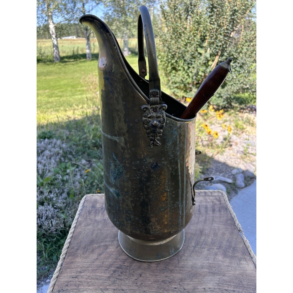 Vintage Brass Coal Scuttle Hod Lion Head Fireplace Bucket w Scoop Large 20"
